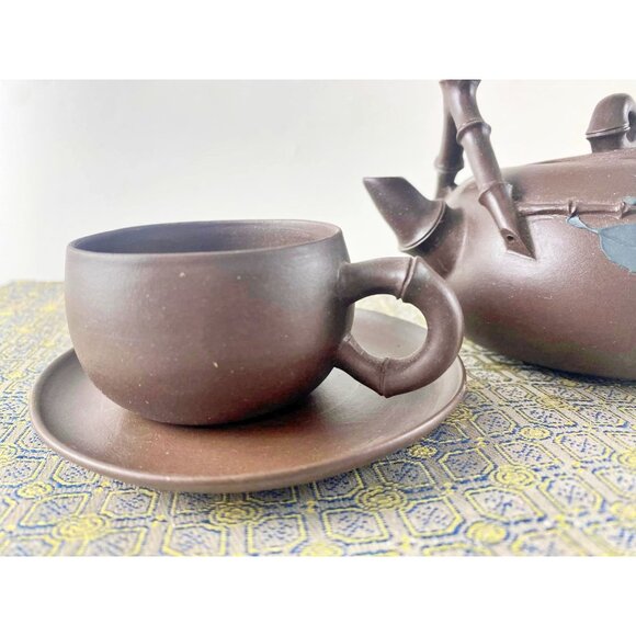 Vintage Chinese Yixing Zisha Clay Bamboo Teapot Set With 6 Cups & Saucers Origin - Picture 8 of 10